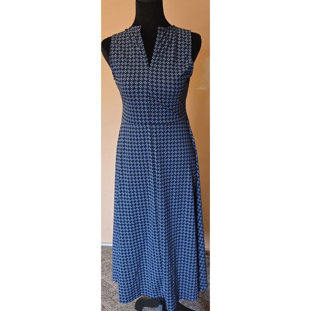 ANN TAYLOR Blue Geometric Basketweave Sleeveless V-Neck Midi Dress XS